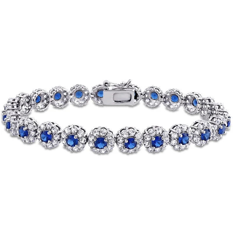 Glowing amethyst bracelet-11-1/3ct TGW Created Blue and White Sapphire Halo Floral Tennis Bracelet in Sterling Silver by Miadora - 7 in x 7.5 mm x 3 mm