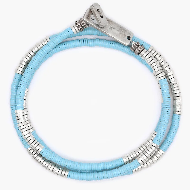 Hinged bracelet-3 Laps Bracelet With Vinyl And Sterling Silver Beads (Light Blue)