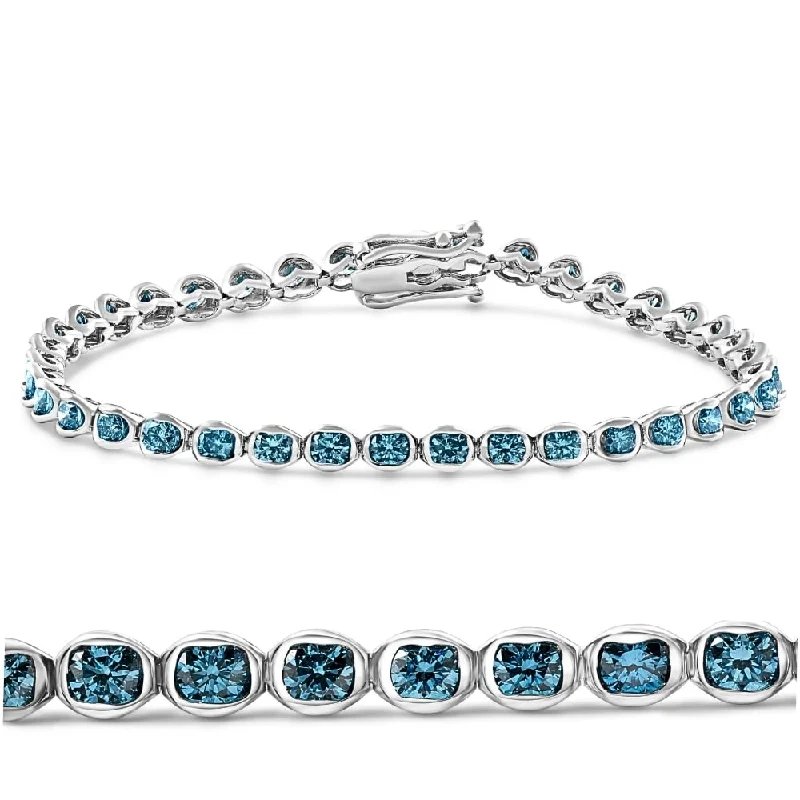 Holo bracelet-5Ct Blue Diamond Half Bezel Tennis Bracelet White or Yellow Gold 7"