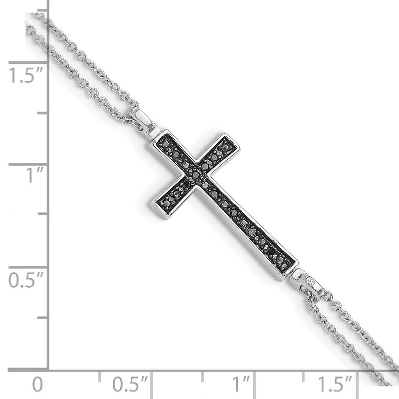 Five-heart bracelet-Curata 7.5mm 925 Sterling Silver Rhod 0.1ct. Blk and Wht Diamond Rvsble Religious Faith Cross 2 Strand Bracelet