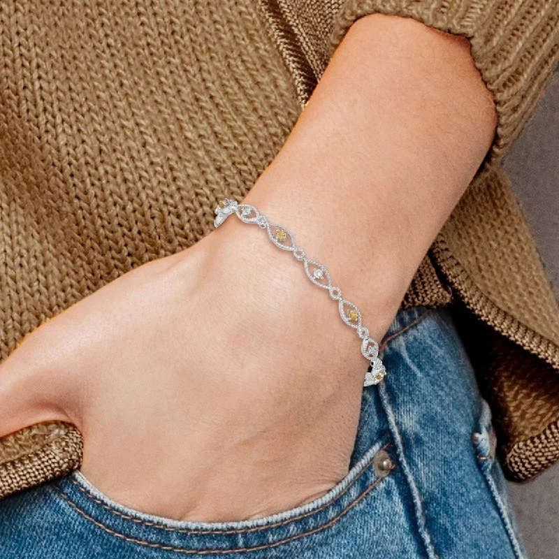 Stippled band bracelet-Curata 925 Sterling Silver Textured Polished Open back Lobster Claw Closure Citrine Diamond Bracelet