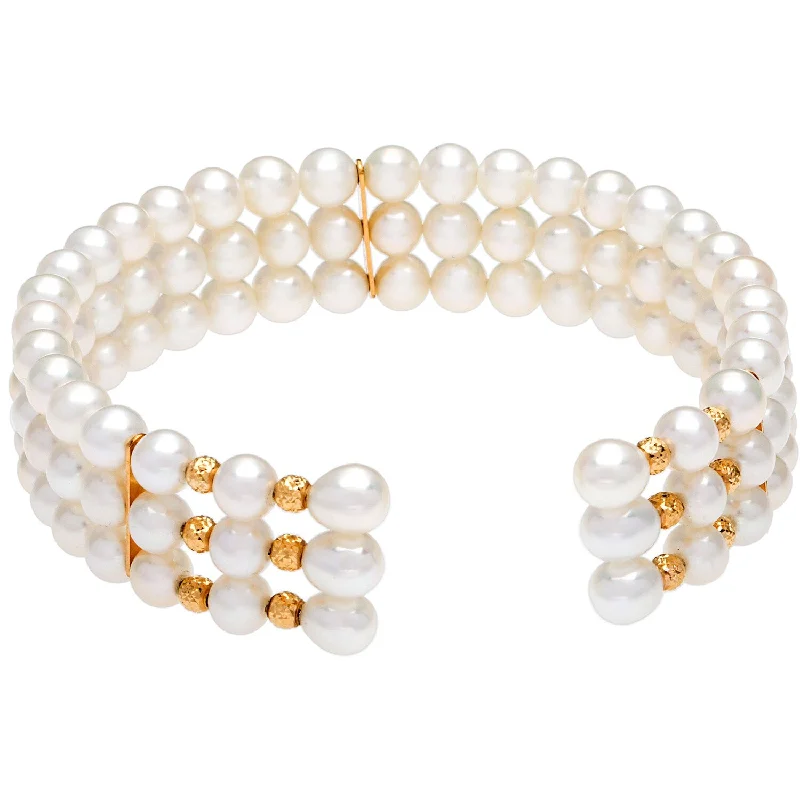 Prism crystal bracelet-DaVonna 14k Yellow Gold White Freshwater Pearl 3-row Cuff Bracelet