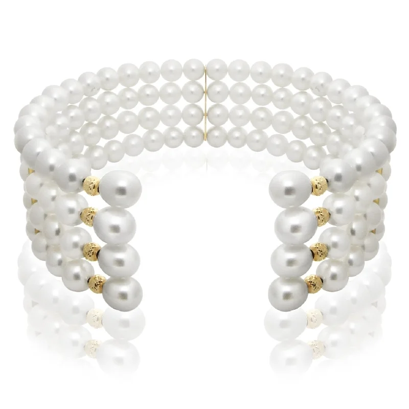 Flexible stone bracelet-DaVonna 14k Yellow Gold White Freshwater Pearl 4-row Cuff Bracelet