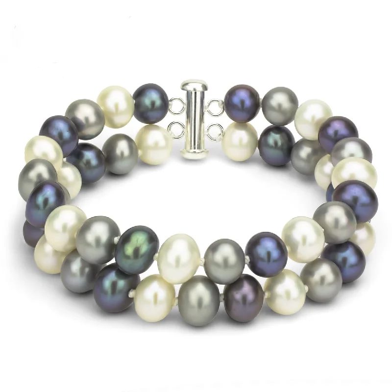 Clasped gem bracelet-DaVonna Sterling Silver 2-row White Freshwater Cultured Pearl Bracelet with Tube Clasp (8 - 9mm)