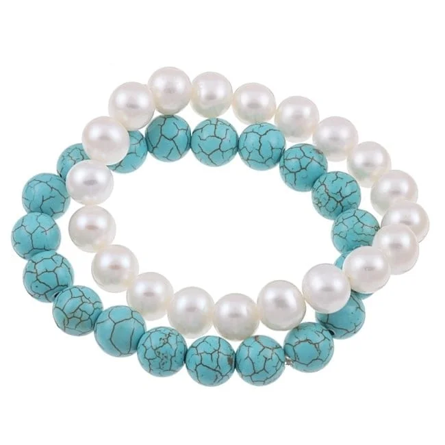 Ten-gem bracelet-DaVonna White FW Pearl and Turquoise 2 7-inch Stretch Bracelets (9-10 mm)