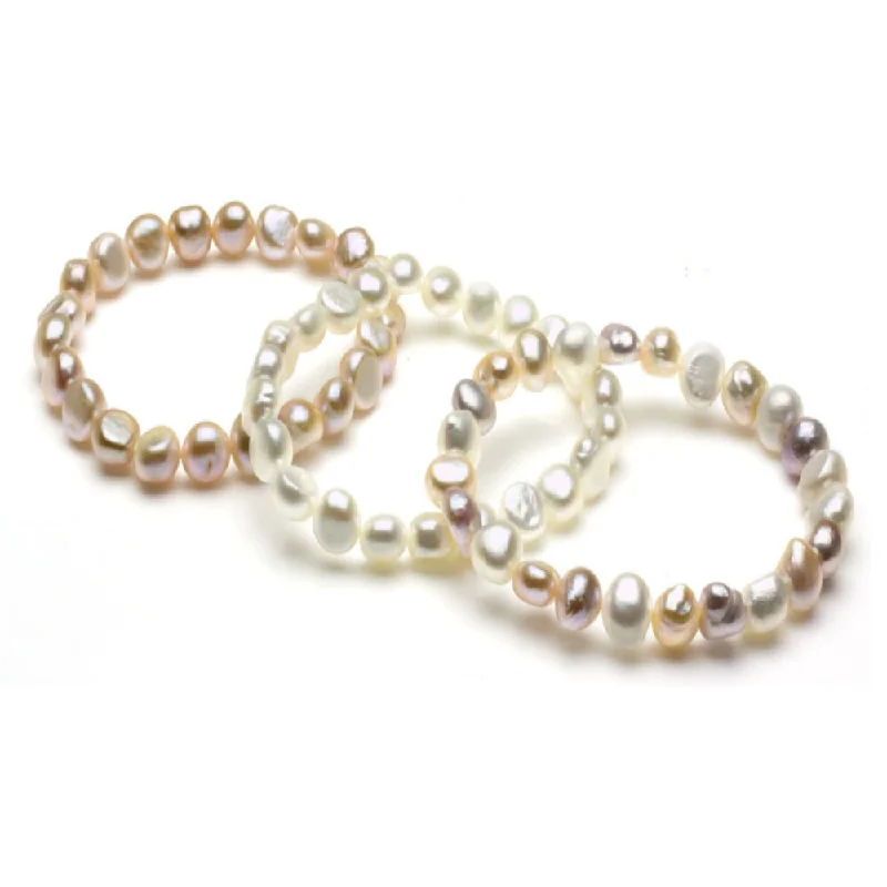 Flexible stone bracelet-DaVonna White, Pink and Multi Pearl 3-pair Stretch Bracelet (8-9 mm)