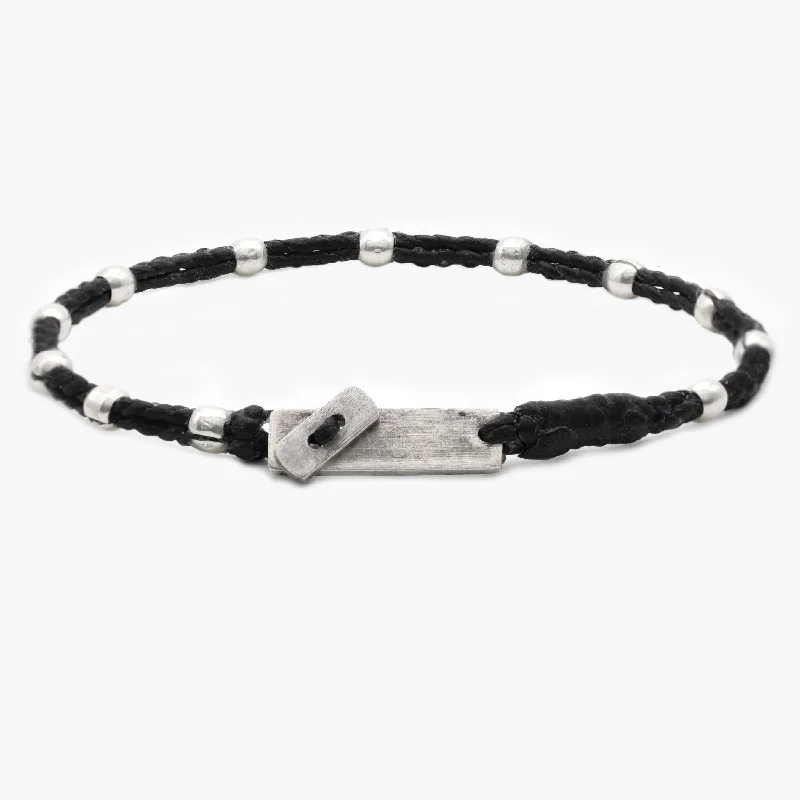 Lush agate bracelet-Double Braided Cord With Sterling Silver Crimped Beads Bracelet (Black)