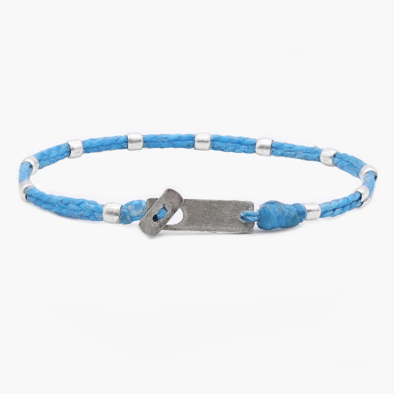 Layered tier bracelet-Double Braided Cord With Sterling Silver Crimped Beads Bracelet (Light Blue)