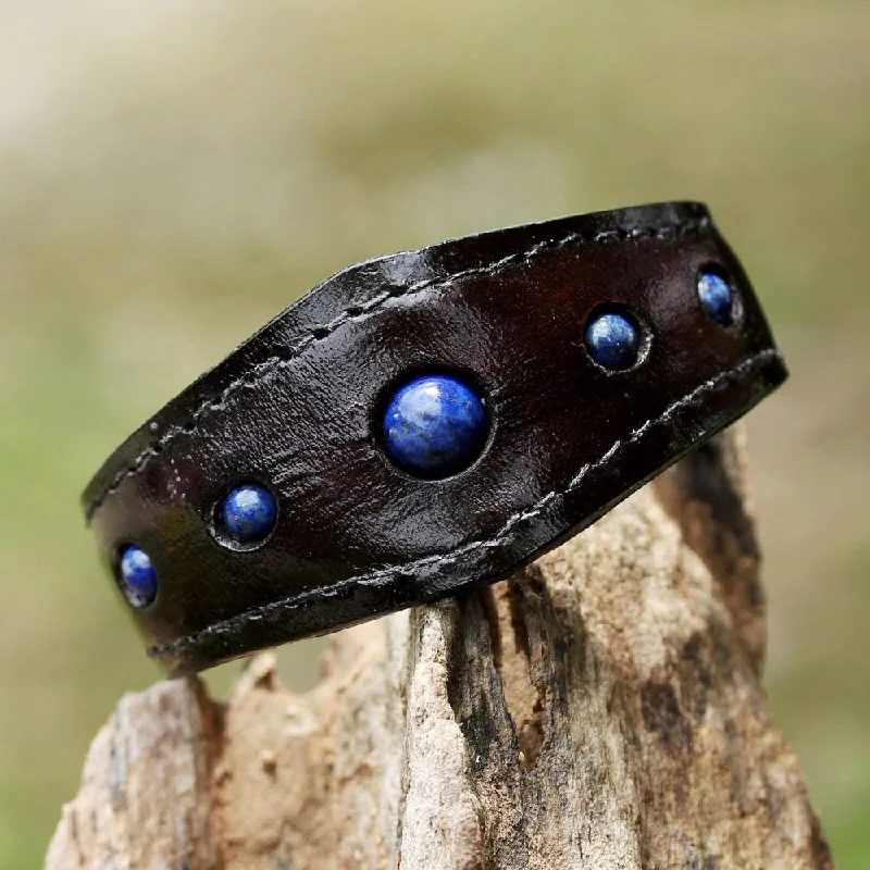 Open-slot bracelet-Handmade Leather 'Power Blue' Lapis Lazuli Bracelet (Thailand)