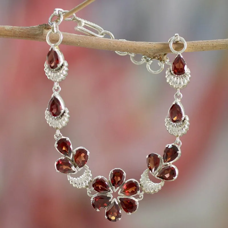 Glowing iolite bracelet-Handmade Sterling Silver 'Cherry Blossom' Garnet Bracelet (India)