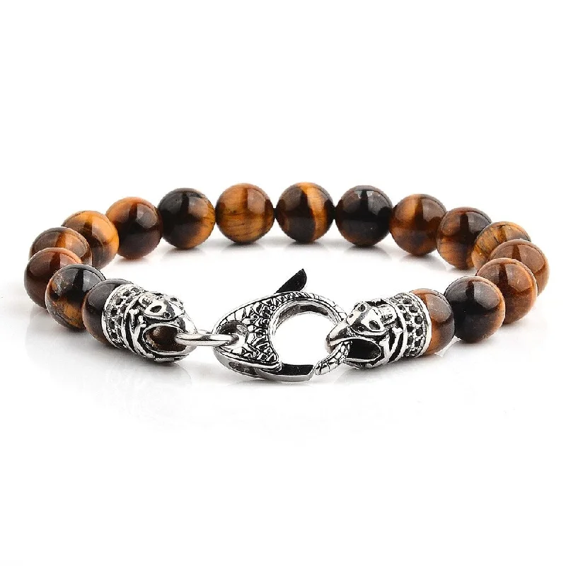 Ridge-set bracelet-Men's Antiqued Stainless Steel Polished Tiger's Eye Beaded Bracelet (10mm) - 8.5"