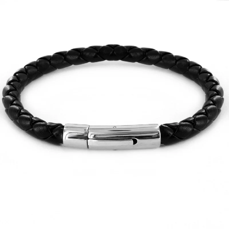 Ten-gem bracelet-Men's Black Leatherette and Steel Clasp Braided Cuff Bracelet