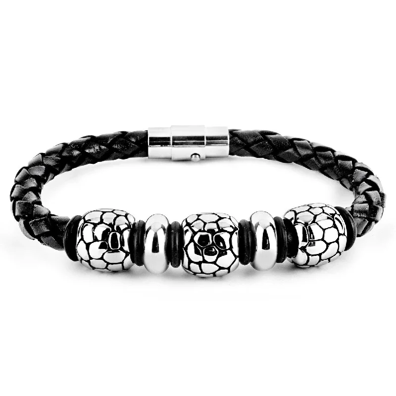 Inset gem bracelet-Men's Cobblestone Steel Accent Bead Braided Leather Bracelet