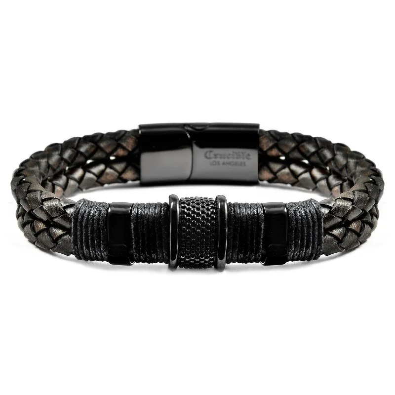 Twinkling crystal bracelet-Men's Distressed Leather Bead Accents Cuff Bracelet - 8.5"