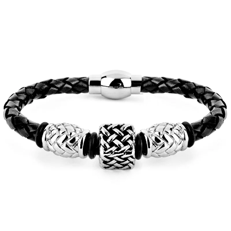 Shimmering stone bracelet-Men's Lattice Steel Square Bead Braided Leather Bracelet