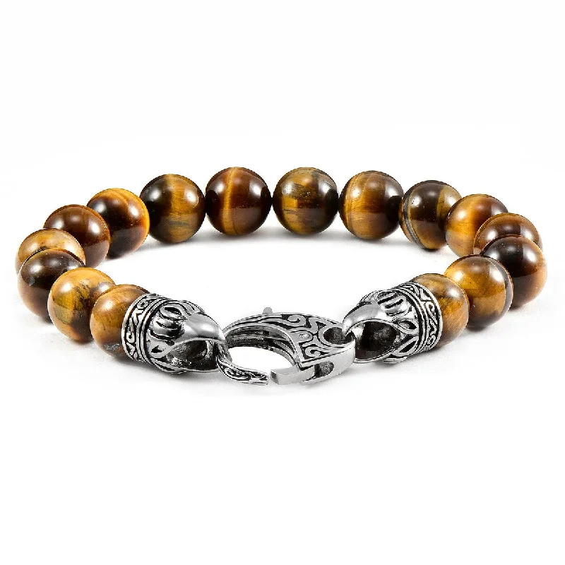 Tesselated design bracelet-Men's Natural Stone Antiqued Steel Clasp Beaded Bracelet (10mm) - 8"