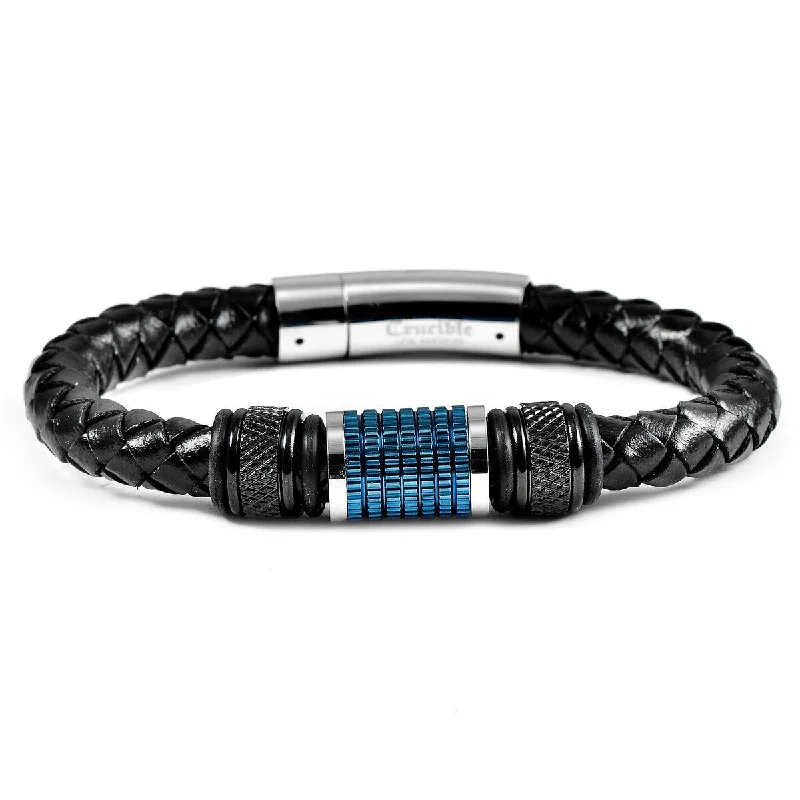 Twinkling crystal bracelet-Men's Stainless Steel Beads Black Leather Bracelet (8mm) - 8.25"