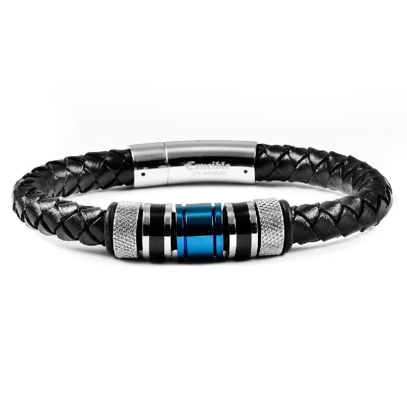 Angled stone bracelet-Men's Stainless Steel Beads Black Leather Bracelet (8mm) - 8"