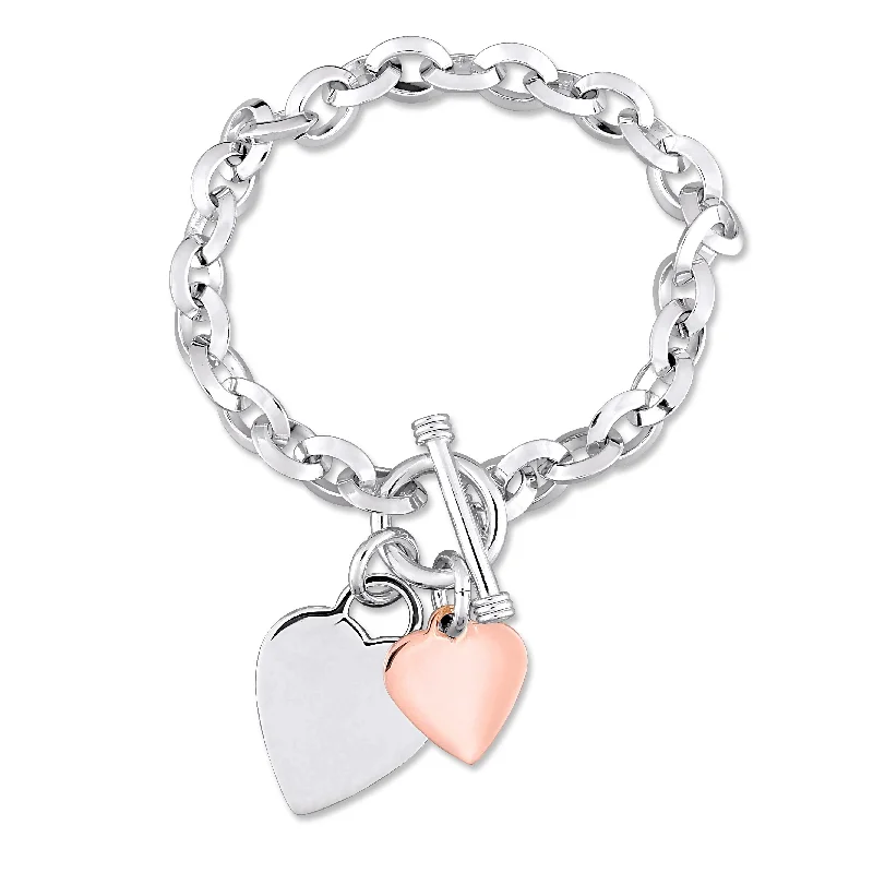 Stout band bracelet-Miadora 2-Tone White and Rose Plated Sterling Silver Double Heart Charm Bracelet