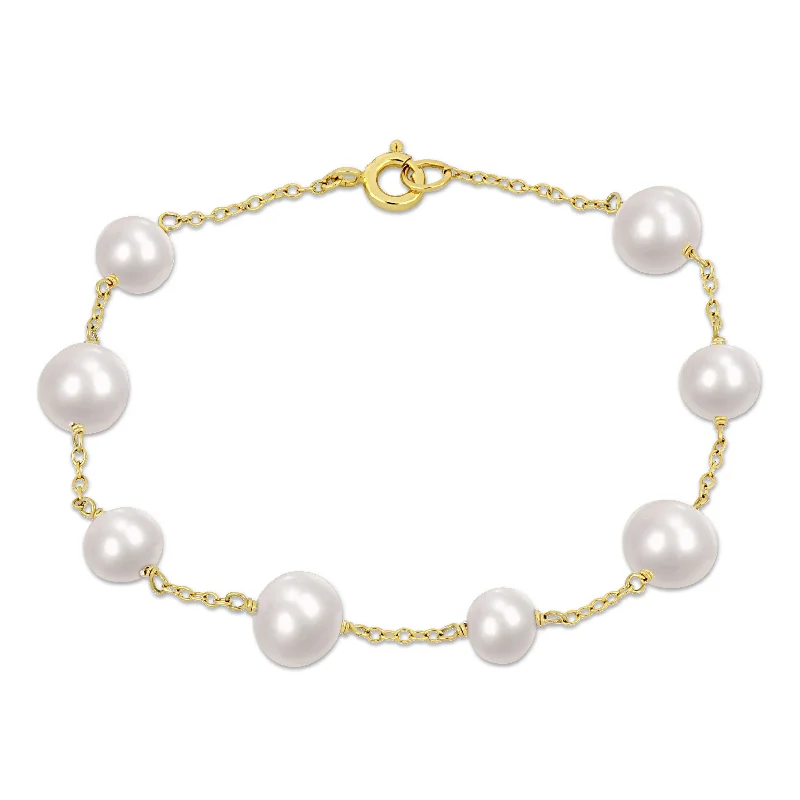 Flexible stone bracelet-Miadora 6.5-8.5 mm White Freshwater Cultured Pearl Bracelet in Yellow Sterling Silver