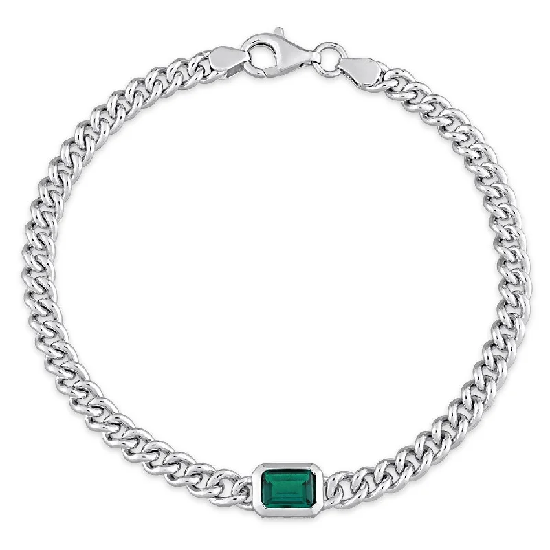 Luminous diamond bracelet-Miadora 7/8ct TGW Octagon Created Emerald Curb Link Chain Bracelet in Sterling Silver