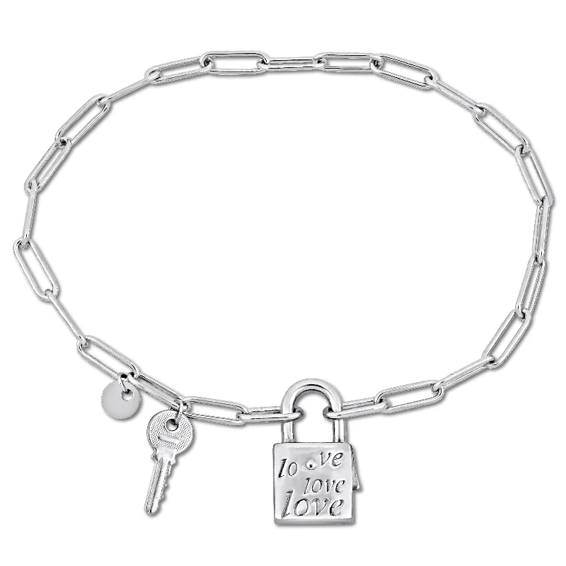 Brushed steel bracelet-Miadora Paper Clip Link Bracelet with lock and key Clasp in Sterling Silver