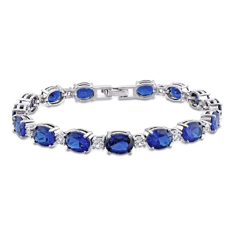 Grooved rim bracelet-Miadora Sterling Silver Created Blue and White Sapphire Oval Link Tennis Bracelet