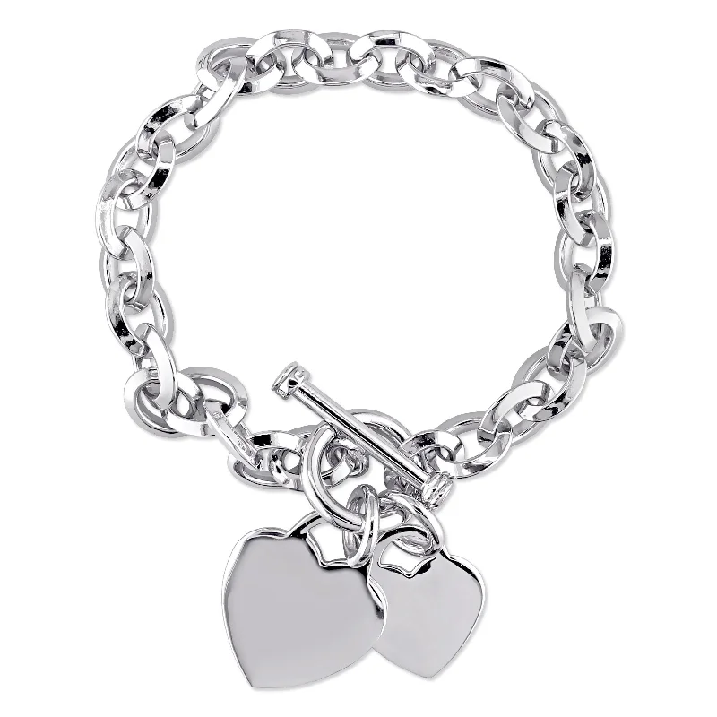 Etched band bracelet-Miadora Sterling Silver Double Heart Link Charm Bracelet - 7.5 in x 46.5 mm - 7.5 in x 46.5 mm