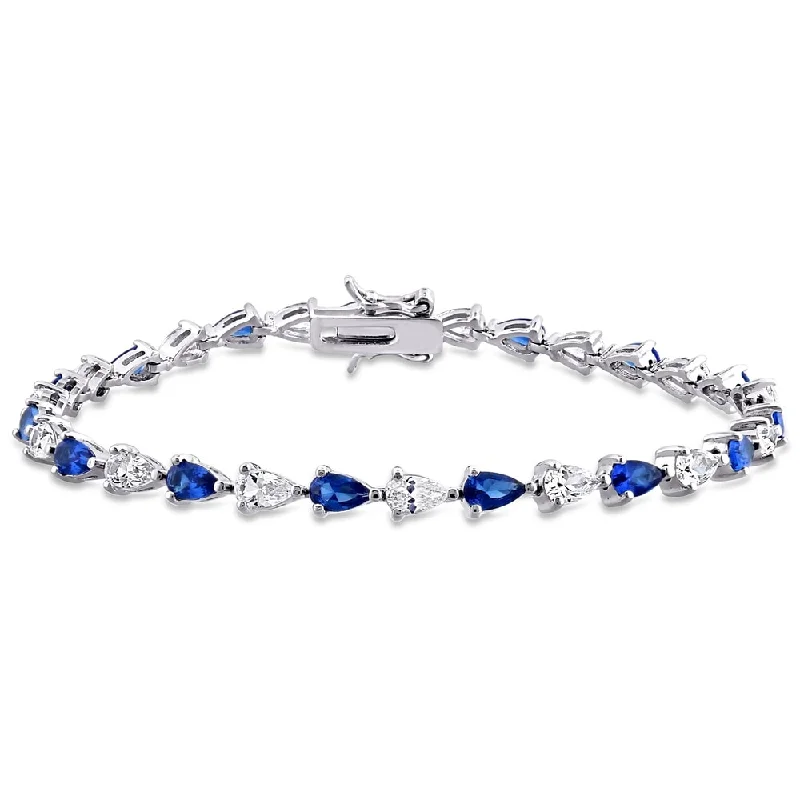 Icy topaz bracelet-Miadora Sterling Silver Pear-cut Created Blue and White Sapphire Tennis Bracelet