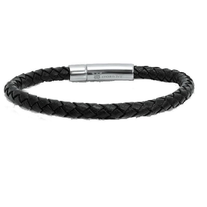 Shimmering platinum bracelet-Oxford Ivy Black Leather and Stainless Steel Men's Bracelet 8 1/2 inch with Locking Clasp