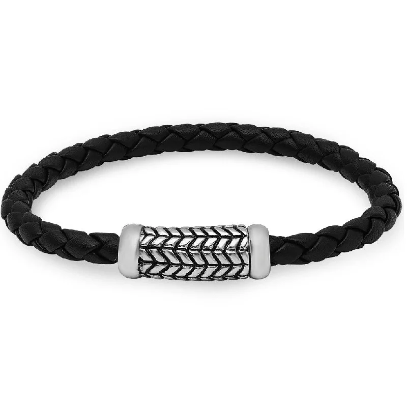 Glowing quartz bracelet-Oxford Ivy Braided Black Leather Bracelet with Magnetic Stainless Steel Clasp -8 3/4 inches