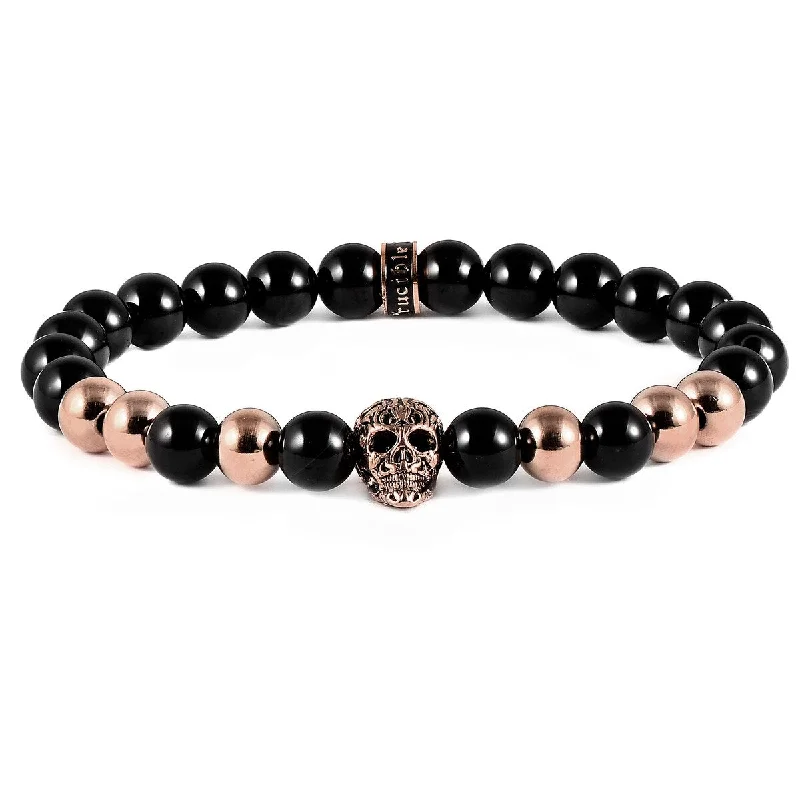 Solid-set pave bracelet-Stainless Steel Skull and Onyx Stone Beaded Stretch Bracelet (8mm)