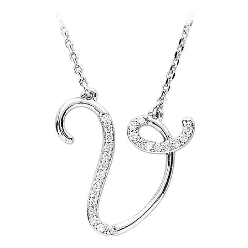 Offset stone necklace-1/8 Ctw Diamond Sterling Silver Medium Script Initial V Necklace, 16in