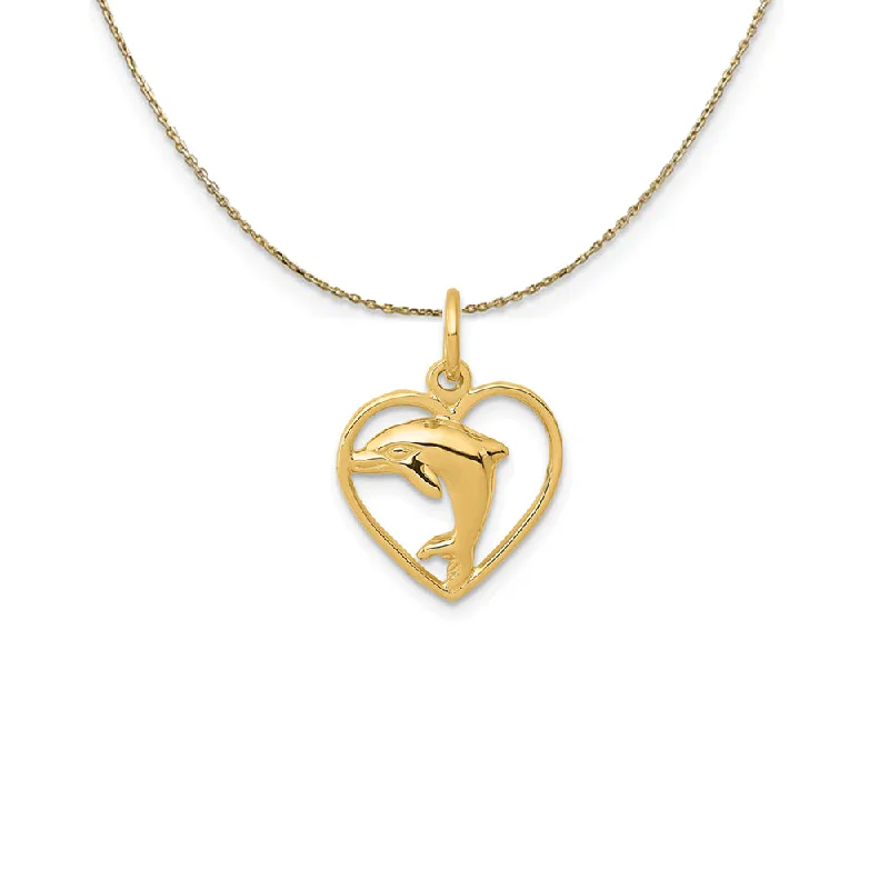 Polished steel necklace-14k Yellow Gold 13mm Dolphin and Heart Necklace