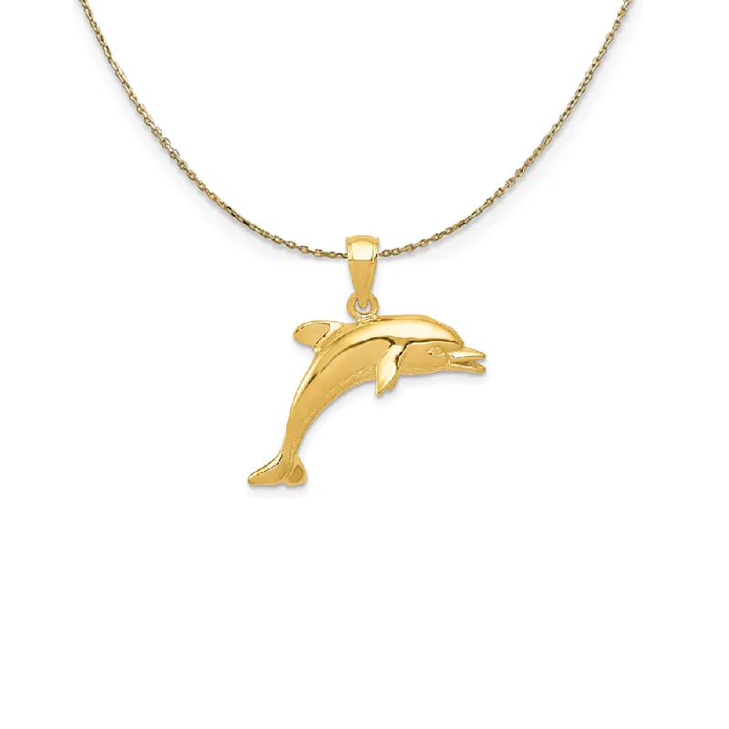 Nonagonal pendant necklace-14k Yellow Gold 25mm 2D Jumping Dolphin Necklace