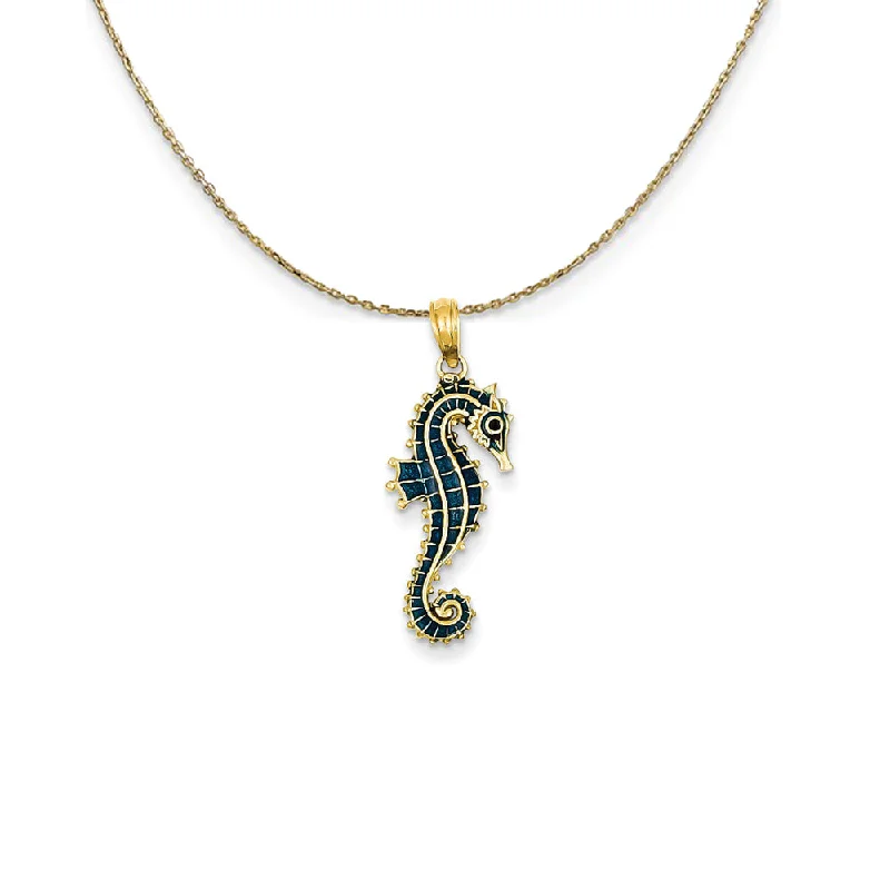 Retro citrine necklace-14k Yellow Gold Blue Enameled Seahorse Necklace