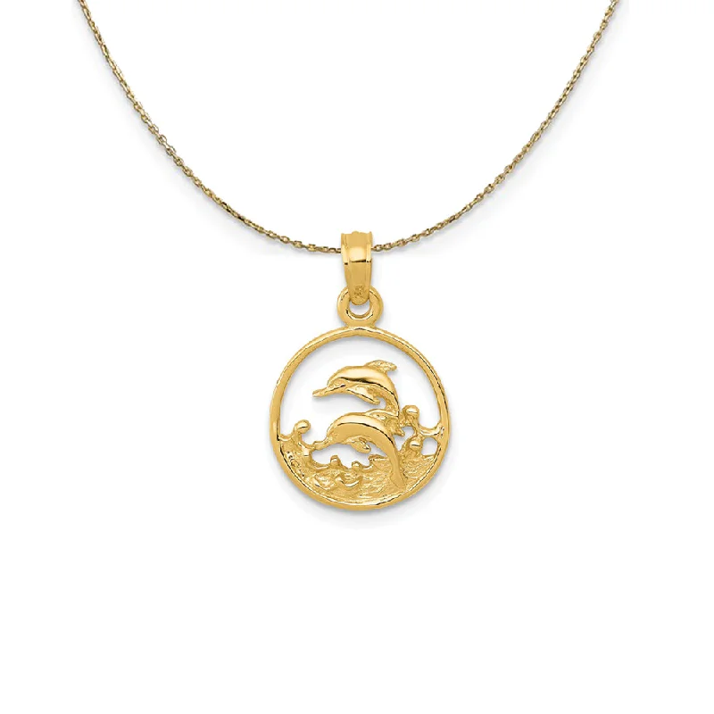 Classic emerald necklace-14k Yellow Gold Double Dolphins Circle Necklace