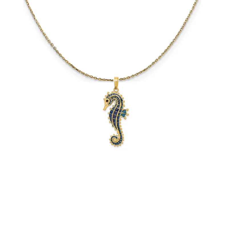 Retro sodalite necklace-14k Yellow Gold Large Blue Enameled Seahorse Necklace