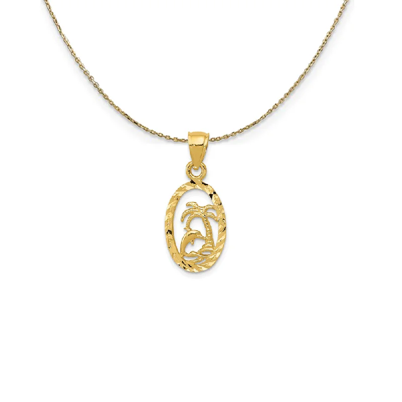 14k Yellow Gold SM Diamond Cut Dolphin and Palm Tree Necklace