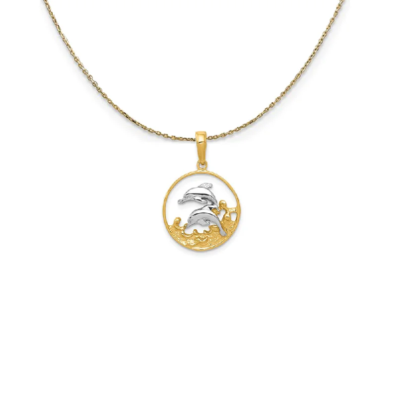 Luminous diamond necklace-14k Yellow Gold Two Tone Double Dolphins in Circle Necklace