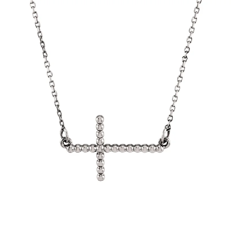 Lush emerald necklace-15.5mm Sideways Beaded Cross Necklace in 14k White Gold, 16.5 Inch