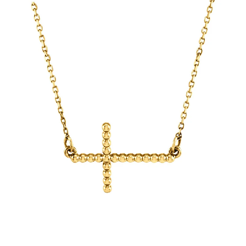 Clean cut necklace-15.5mm Sideways Beaded Cross Necklace in 14k Yellow Gold, 16.5 Inch