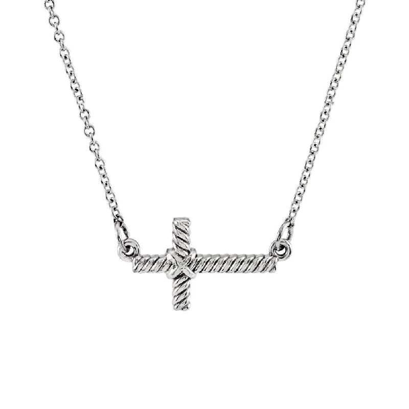 Folk grooved necklace-16mm Sideways Rope Cross Necklace in 14k White Gold, 16.5 Inch