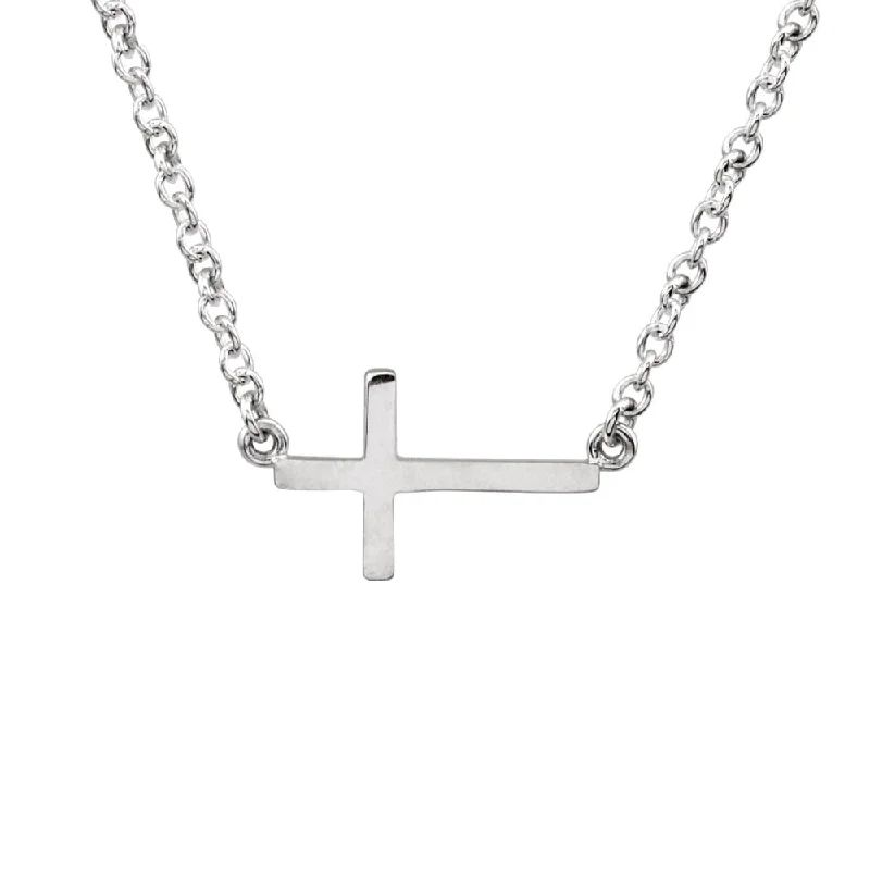 Brushed steel necklace-17mm Polished Sideways Cross Adjustable 14k White Gold Necklace