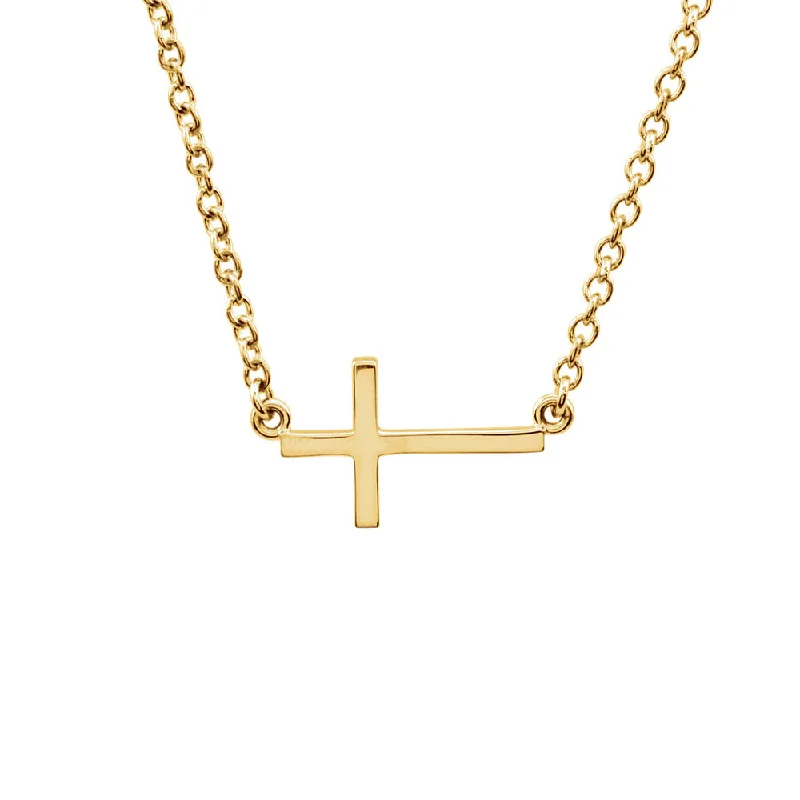 Summit gem necklace-17mm Polished Sideways Cross Adjustable 14k Yellow Gold Necklace