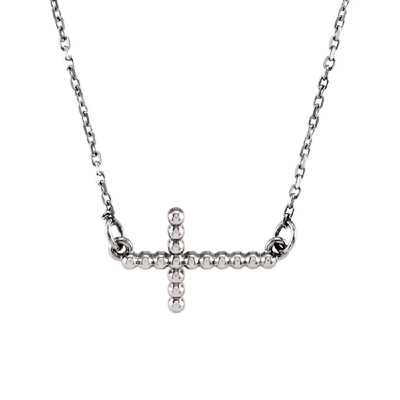 Lush garnet necklace-19.5mm Sideways Beaded Cross Necklace in 14k White Gold, 16.5 Inch