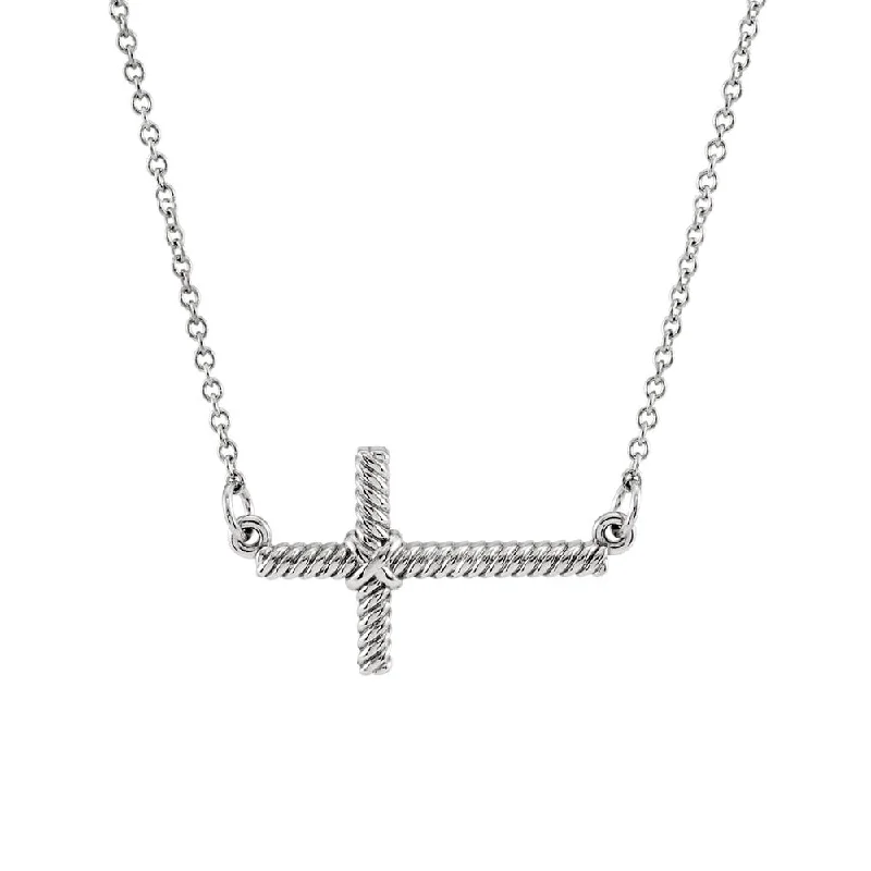 Crafted gold necklace-20mm Sideways Rope Cross Necklace in 14k White Gold, 16.5 Inch