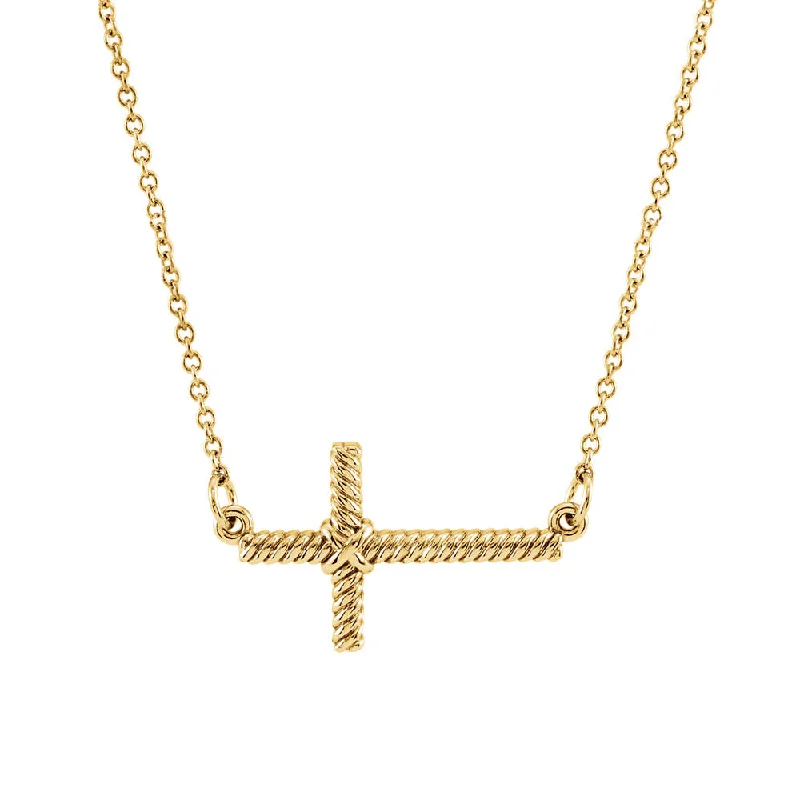 Ten-gem necklace-20mm Sideways Rope Cross Necklace in 14k Yellow Gold, 16.5 Inch