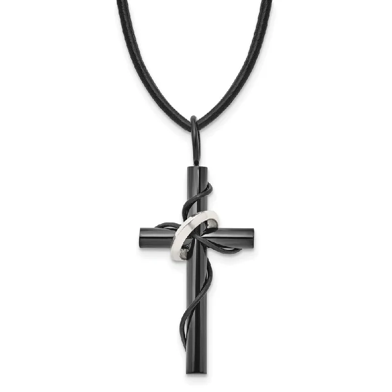 Black Plated Stainless Steel & Leather Cord Cross Necklace, 20 Inch