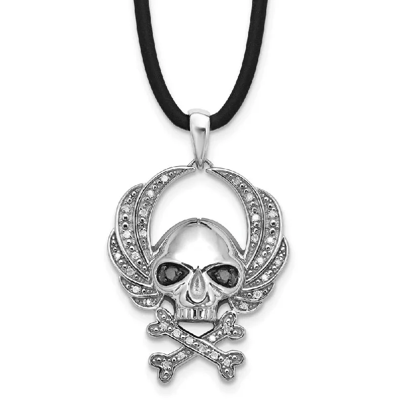 Black & White Diamond Sterling Silver Skull & Crossbones Cord Necklace